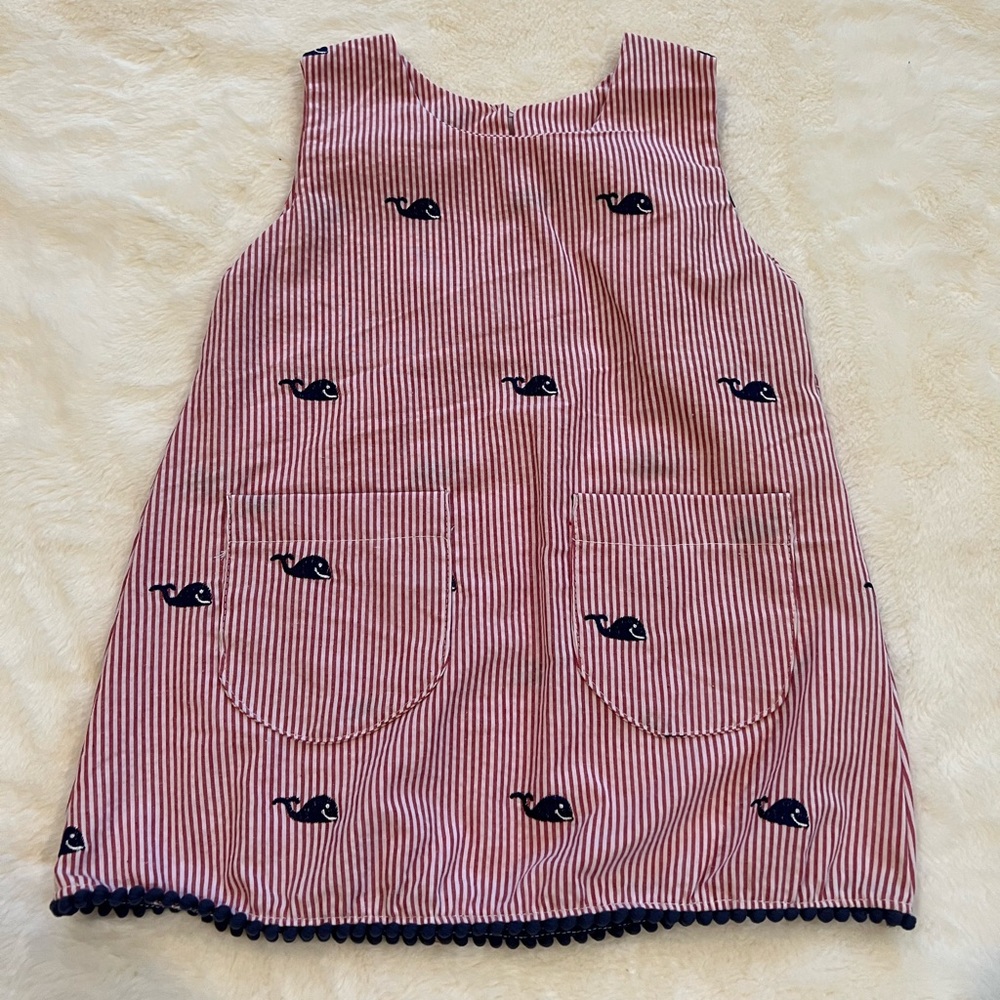 Seersucker Red and White Dress with Navy Whales